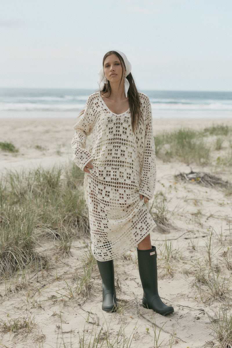 womens cream cotton crochet maxi dress