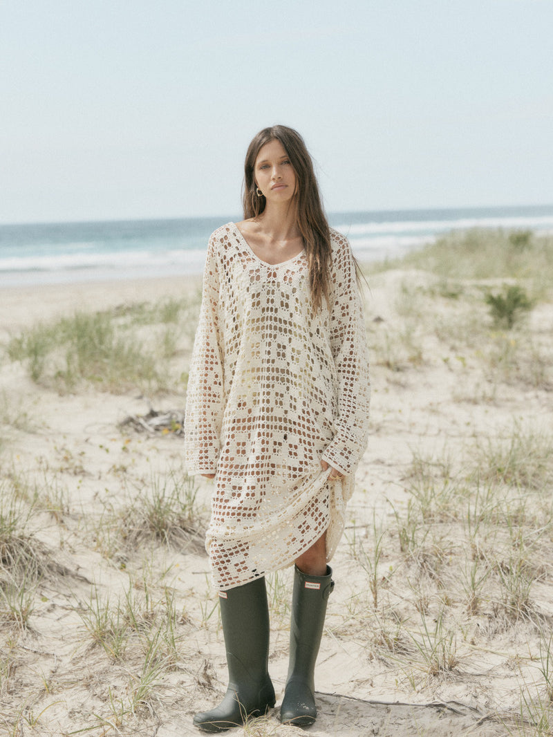 womens cream cotton crochet maxi dress front view