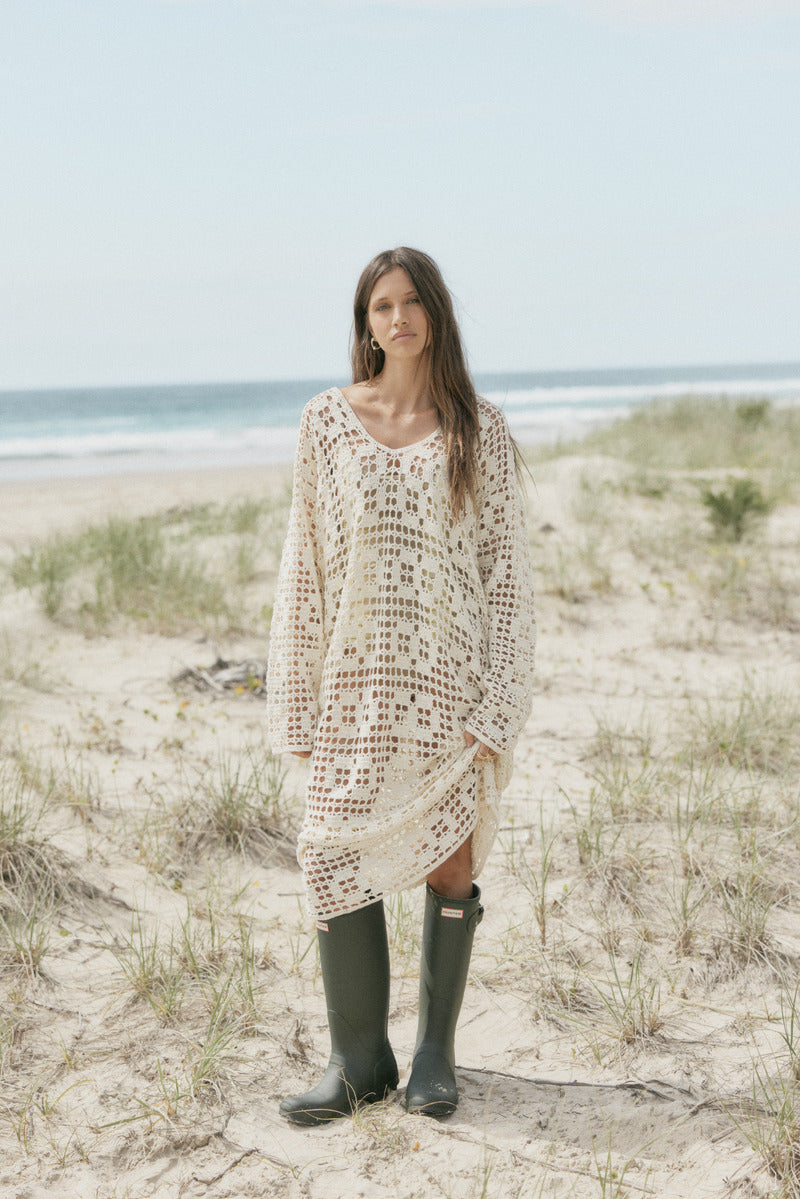 womens cream cotton crochet maxi dress front view