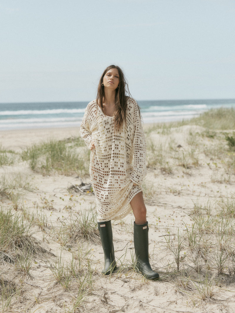 womens cream cotton crochet maxi dress front view
