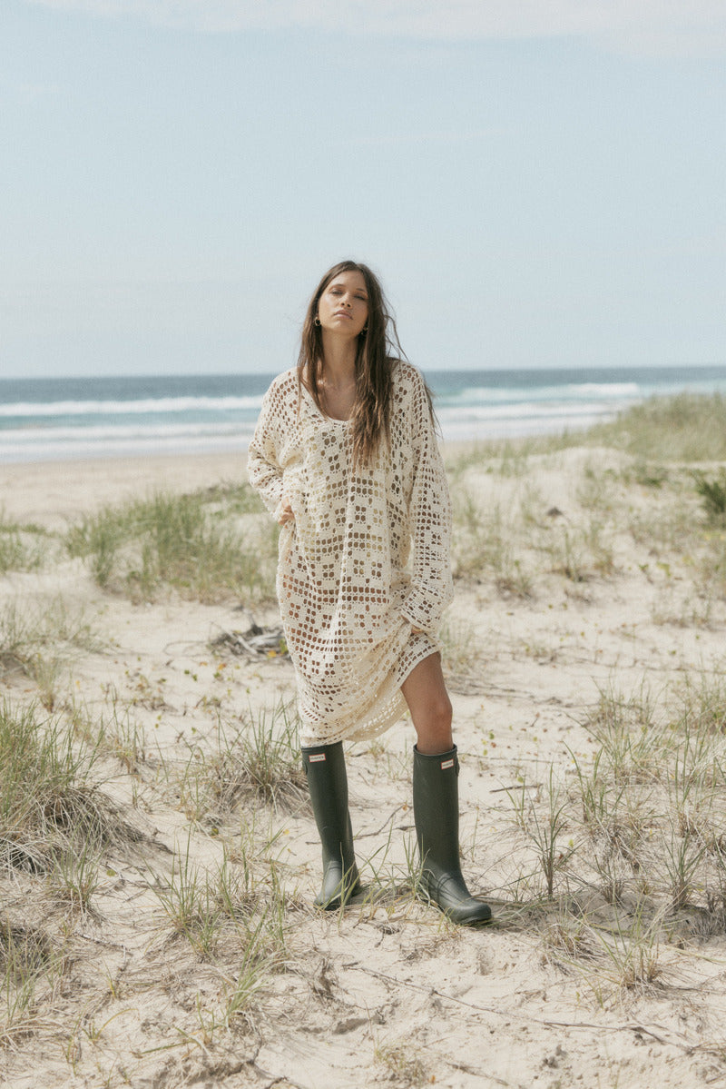 womens cream cotton crochet maxi dress front view