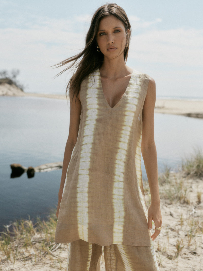 Cotton taupe tie dye mini dress with pant front view