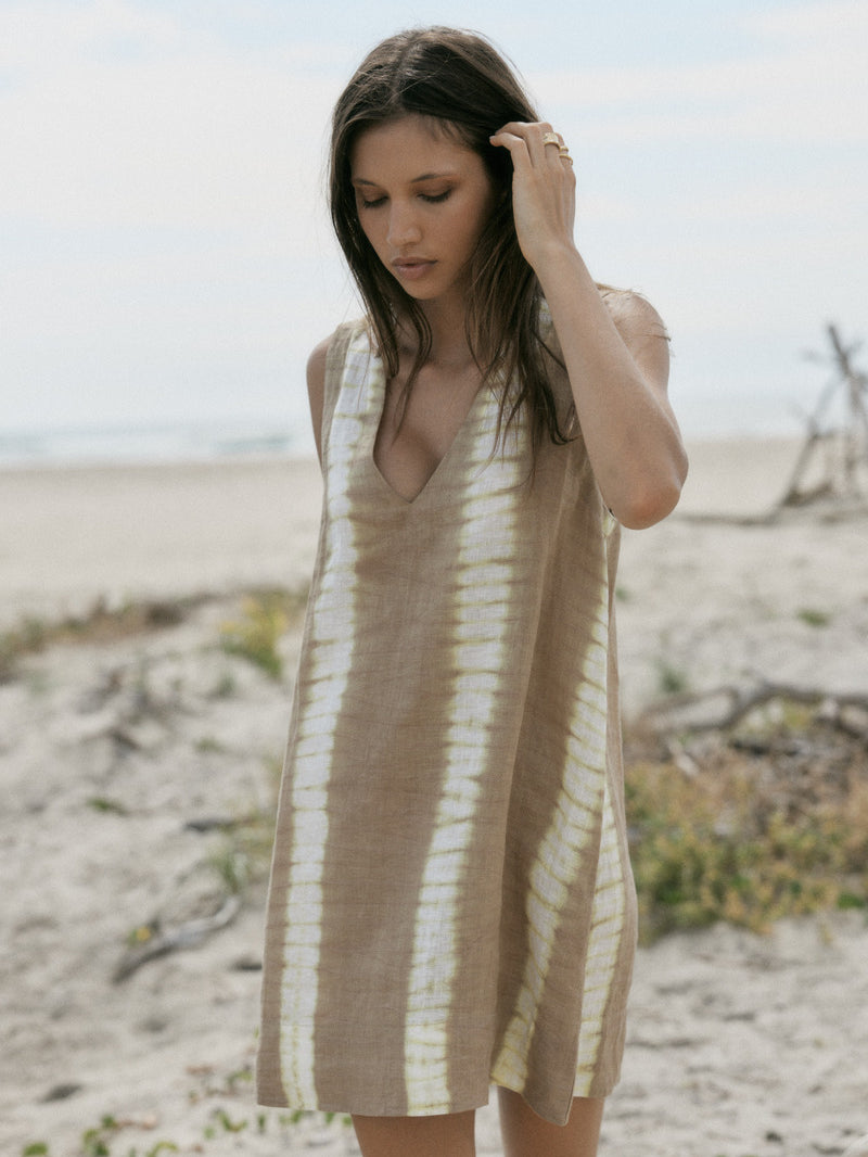 Cotton taupe tie dye mini dress front view