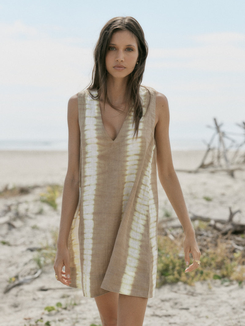 Cotton taupe tie dye mini dress front view