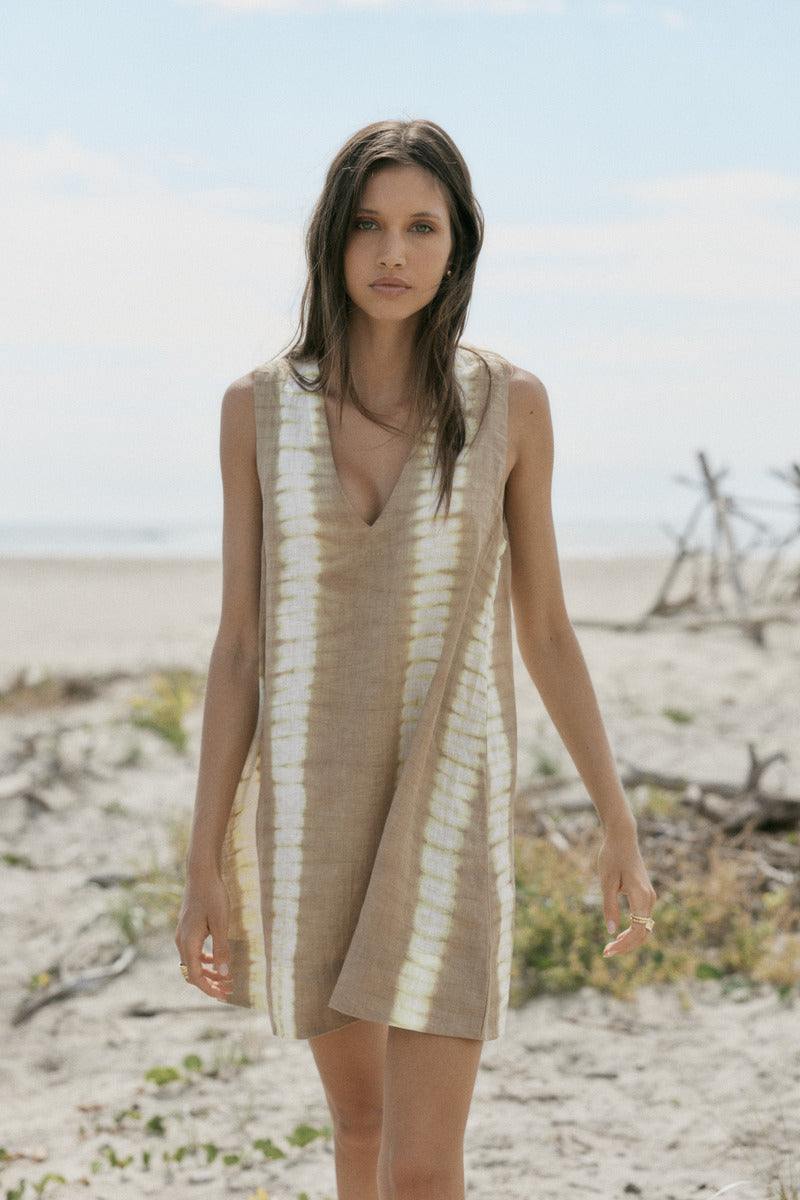 Cotton taupe tie dye mini dress front view