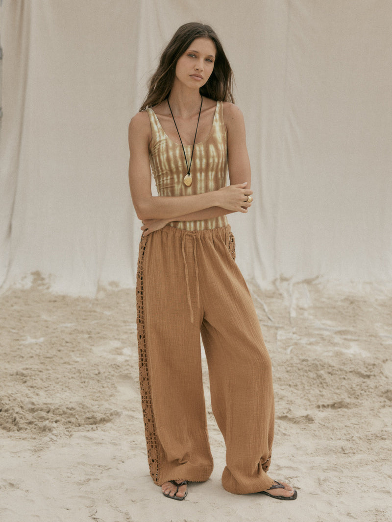 womens tan cotton crochet pant front view