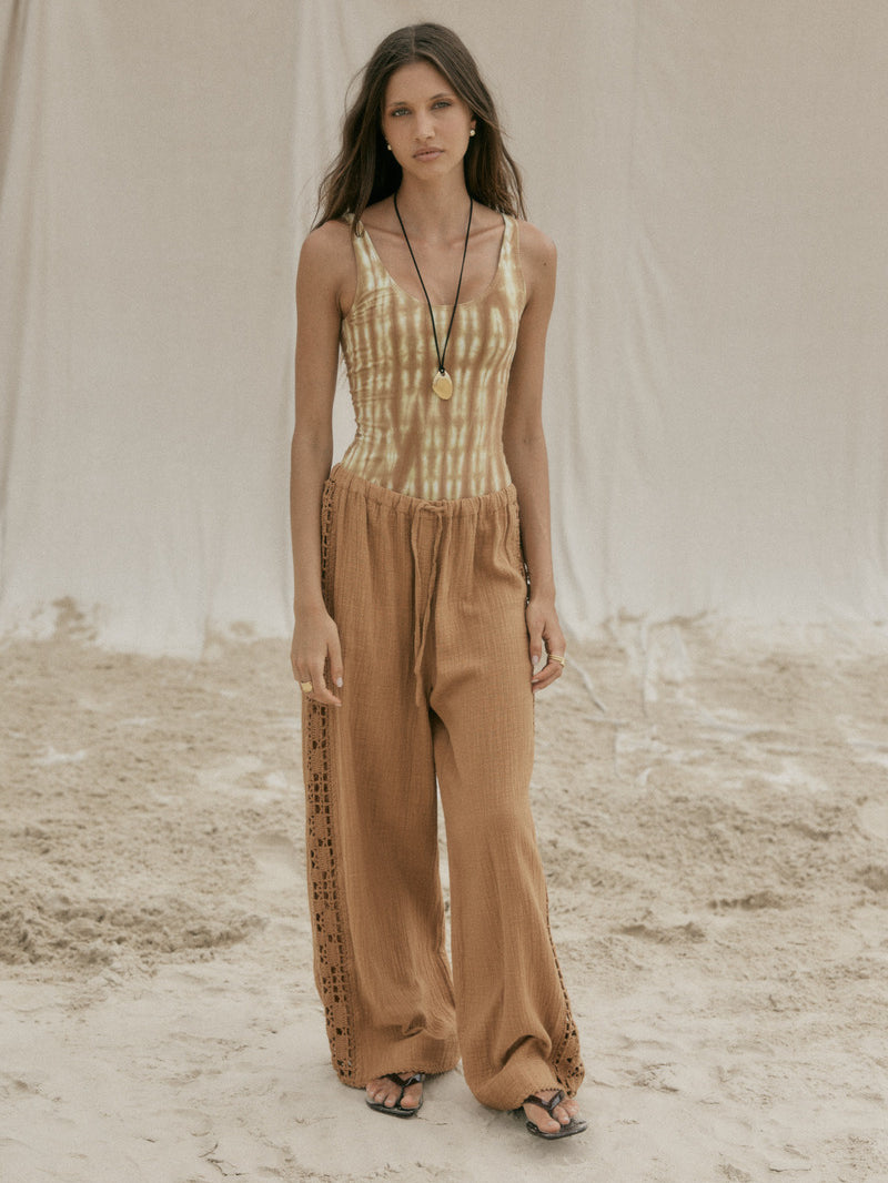 womens tan cotton crochet pant front view