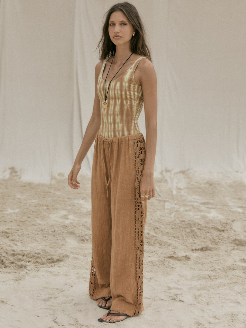 womens tan cotton crochet pant front view