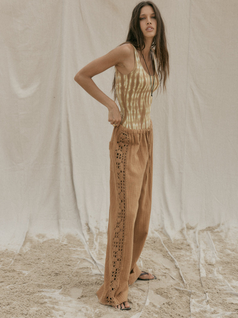 womens tan cotton crochet pant side view