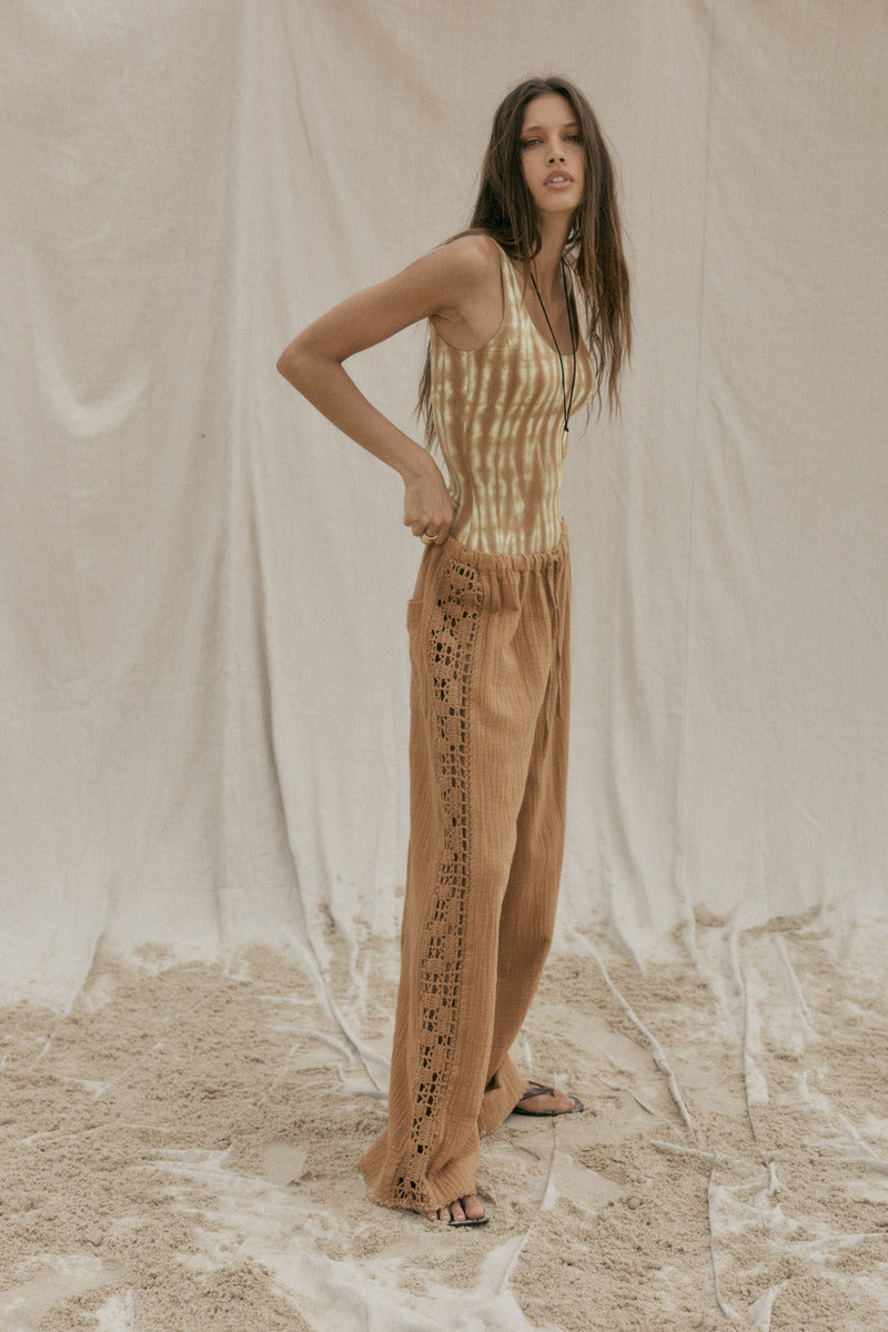 womens tan cotton crochet pant side view