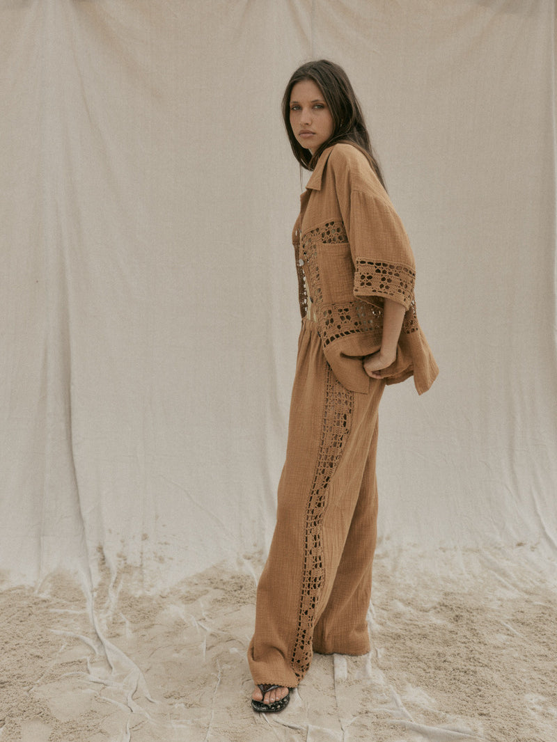 womens tan cotton crochet pant and shirt side view