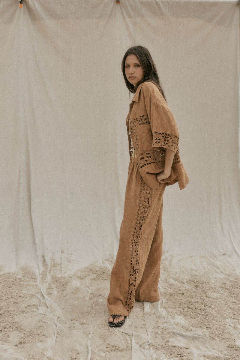 womens tan cotton crochet pant and shirt side view