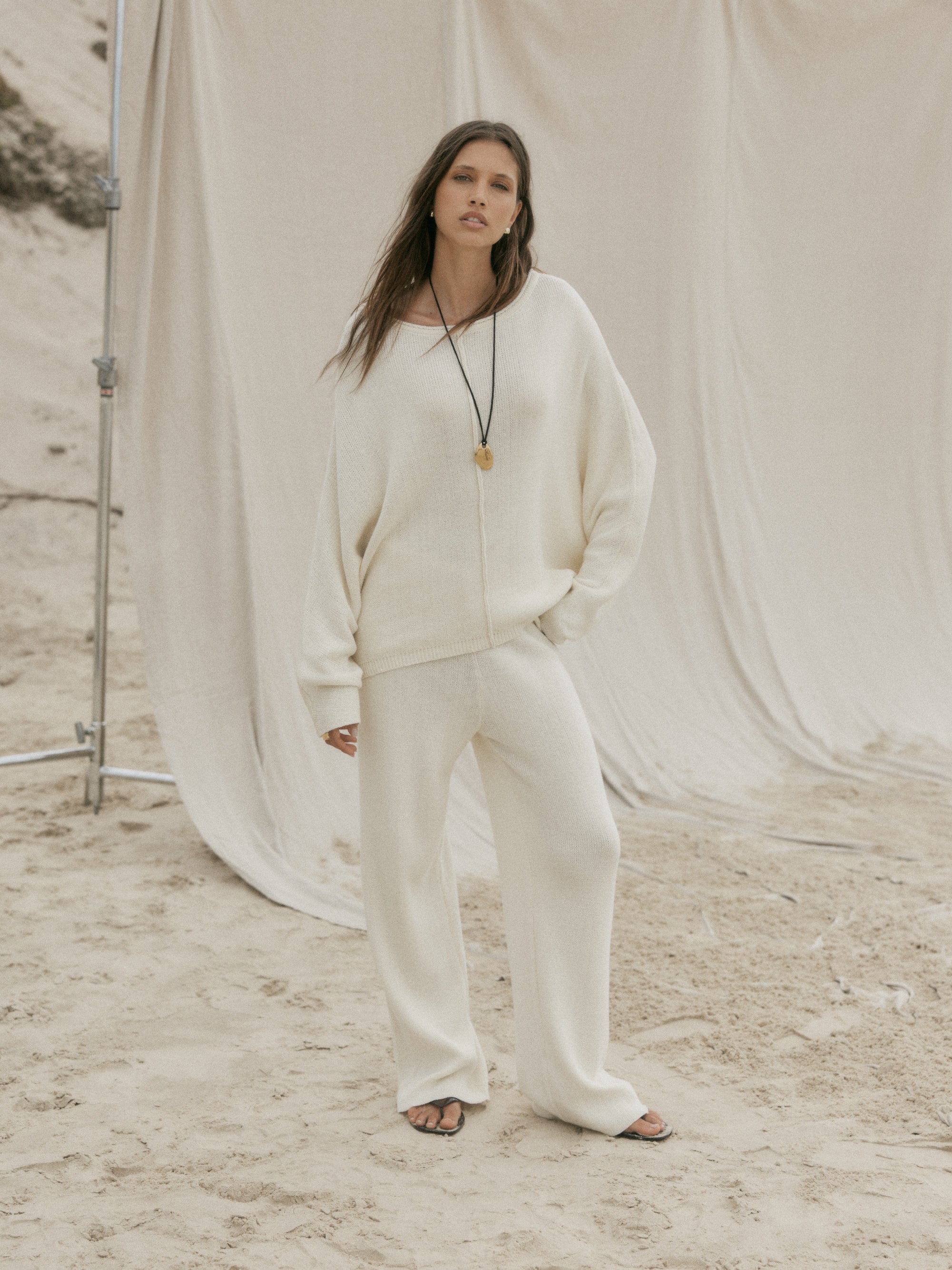 womens cotton cream knit set front view