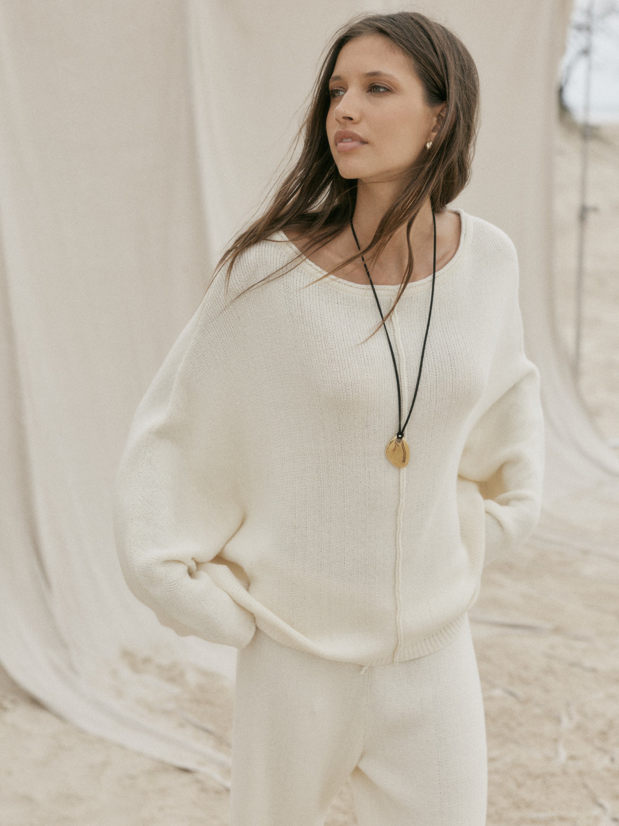 womens cotton cream long sleeve top front view