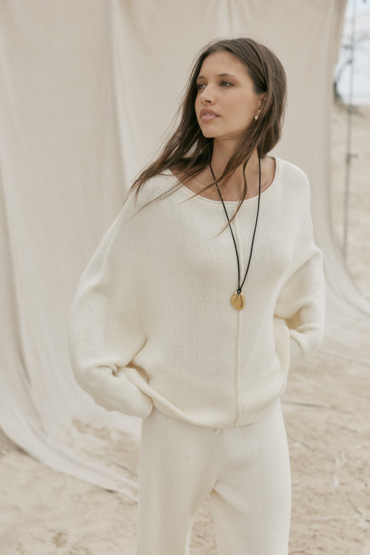 womens cotton cream long sleeve top front view