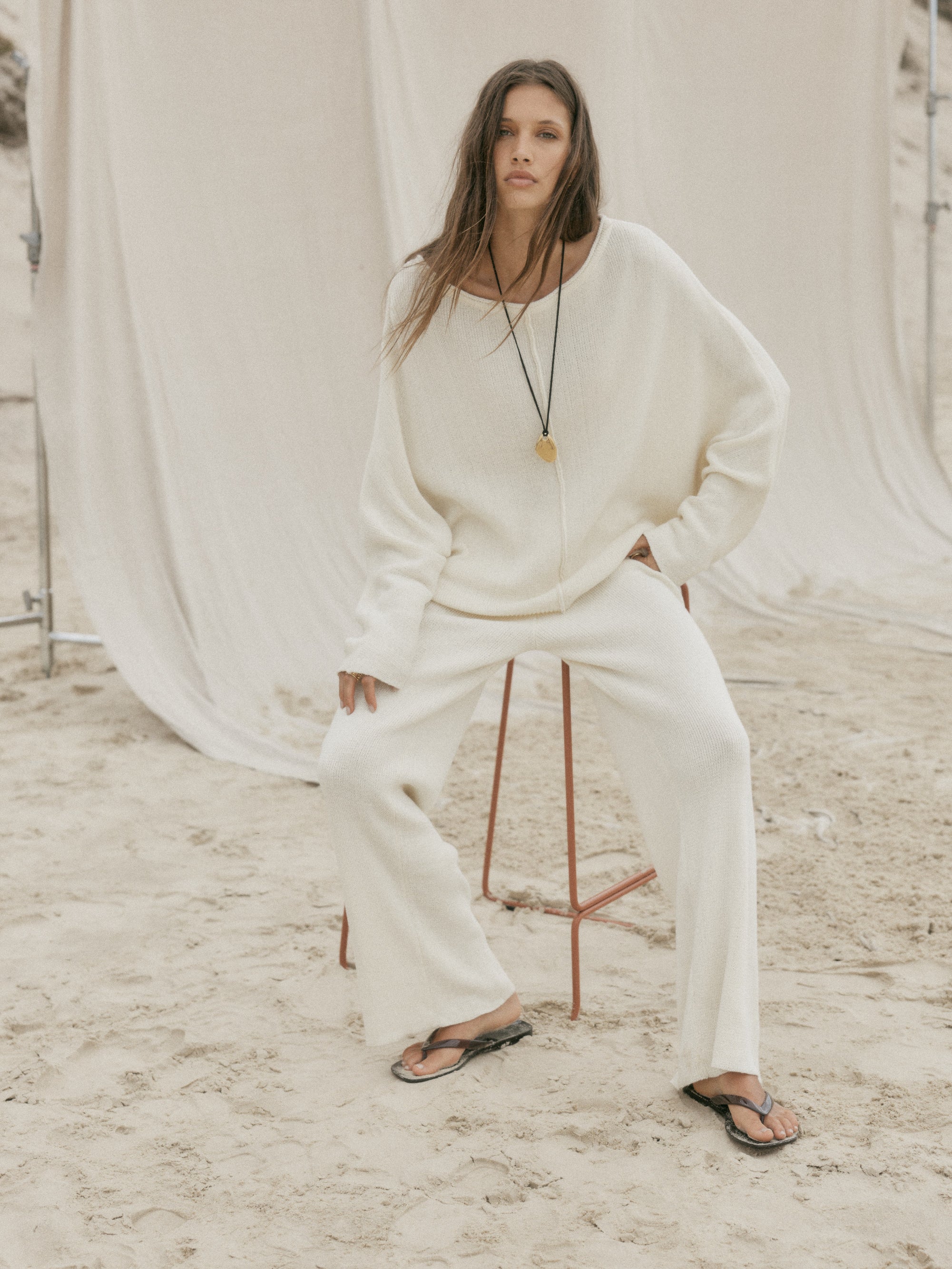 womens cotton cream long sleeve top front view