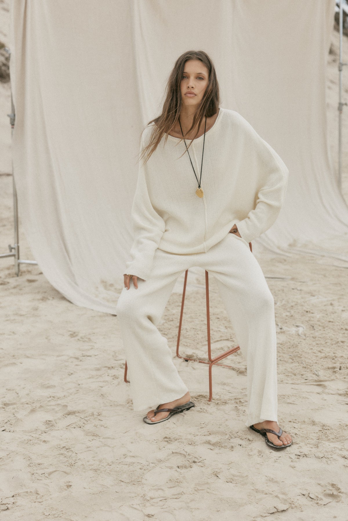 womens cotton cream long sleeve top front view