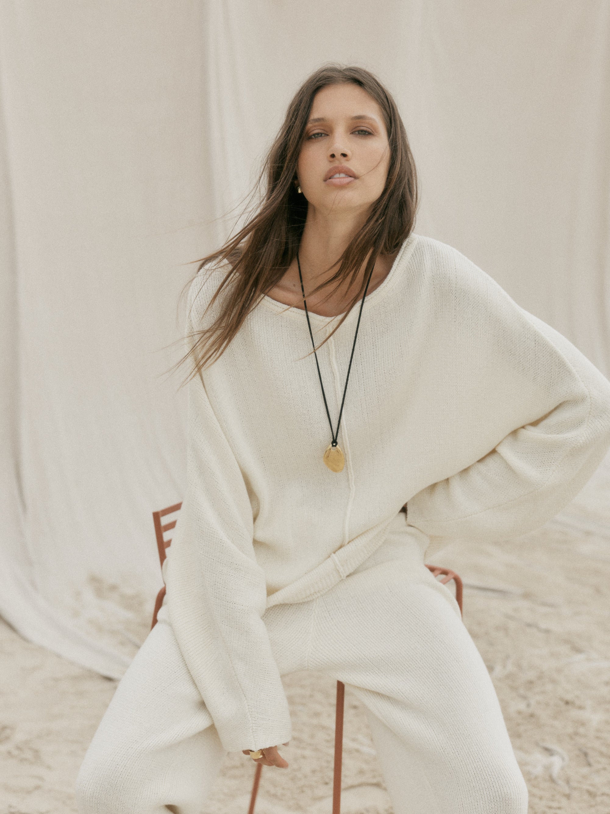 womens cotton cream knit set front view