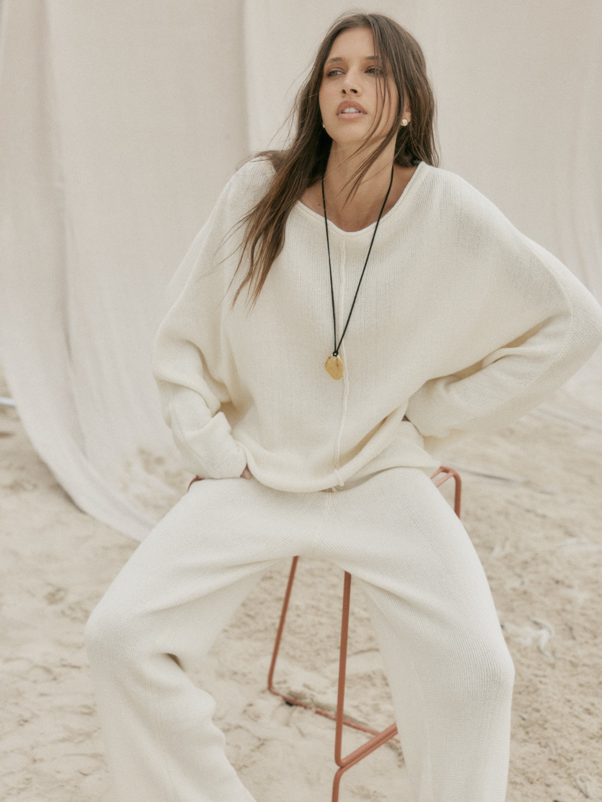 womens cotton cream knit set front view