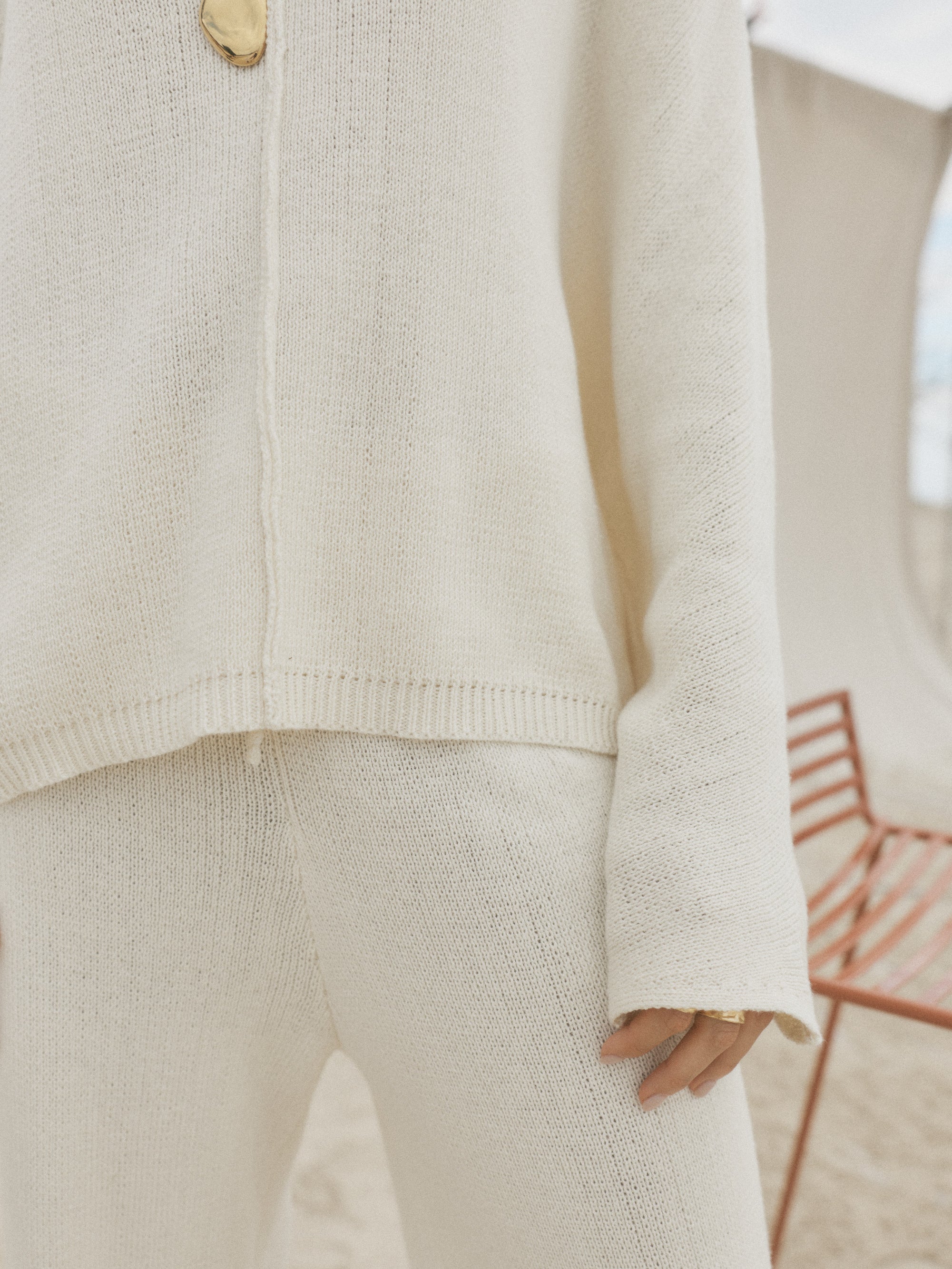 womens cotton cream knit set close up view