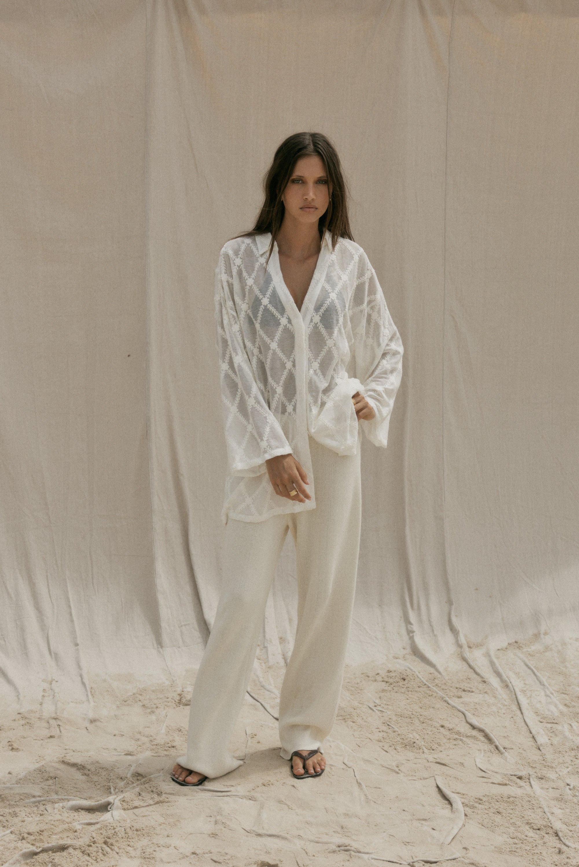 womens cotton natural lace shirt front view