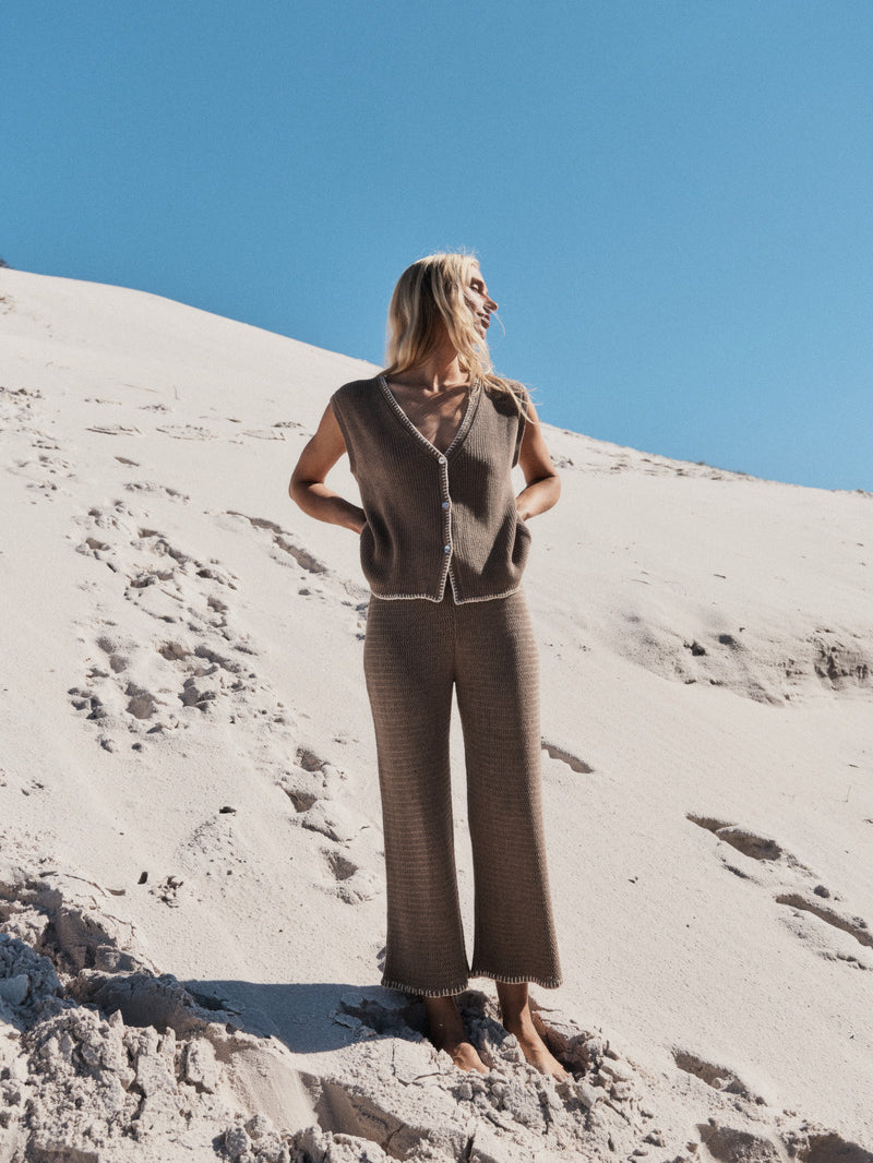 Womens mocha cotton knit pant front view