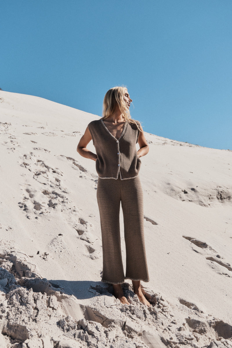 Womens mocha cotton knit pant front view