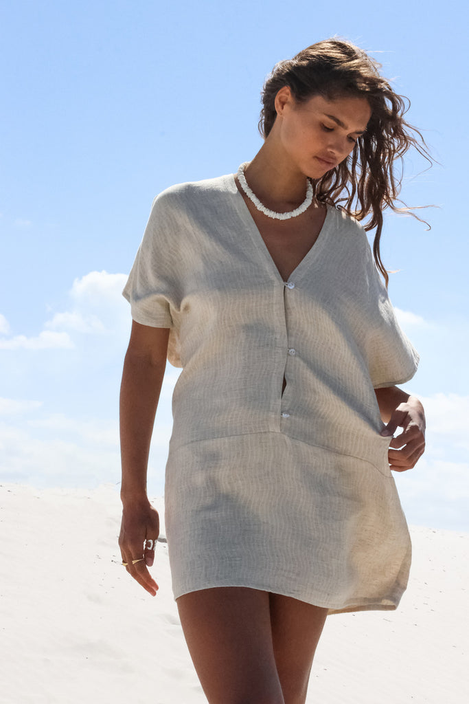 Natural cotton linen mini dress with wave print