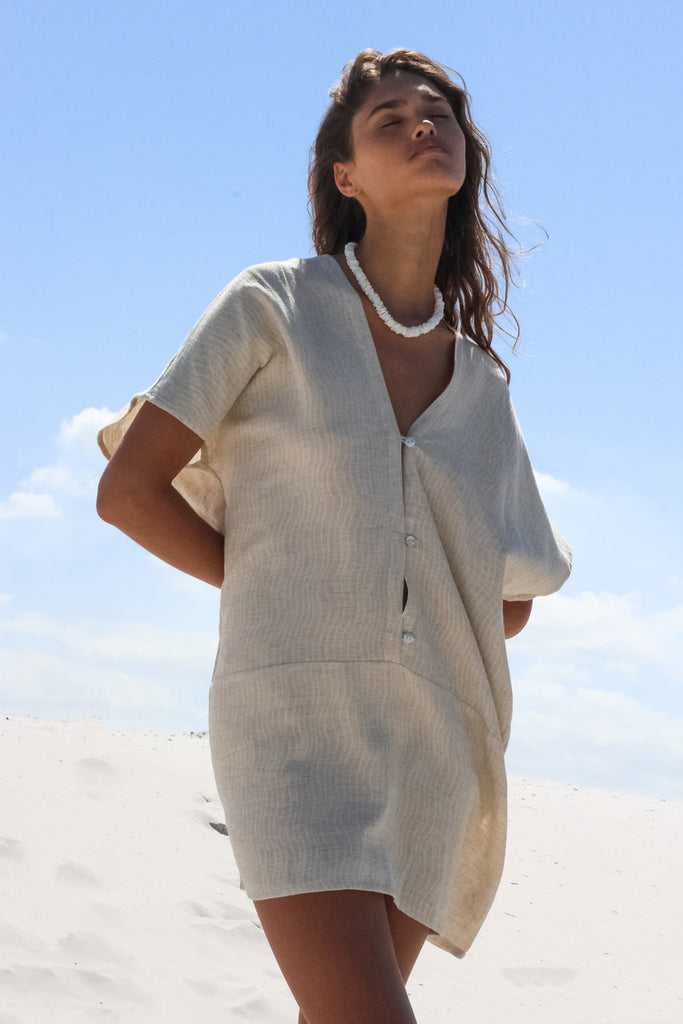 Natural cotton linen mini dress with wave print