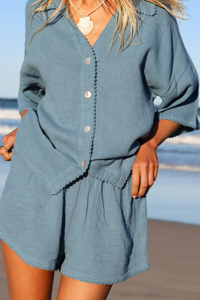 womens stone blue shell button shirt front view