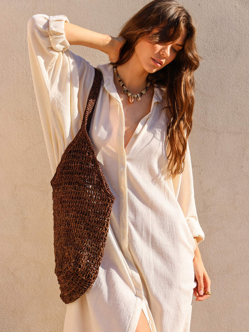 womens chocolate woven bag with maxi dress