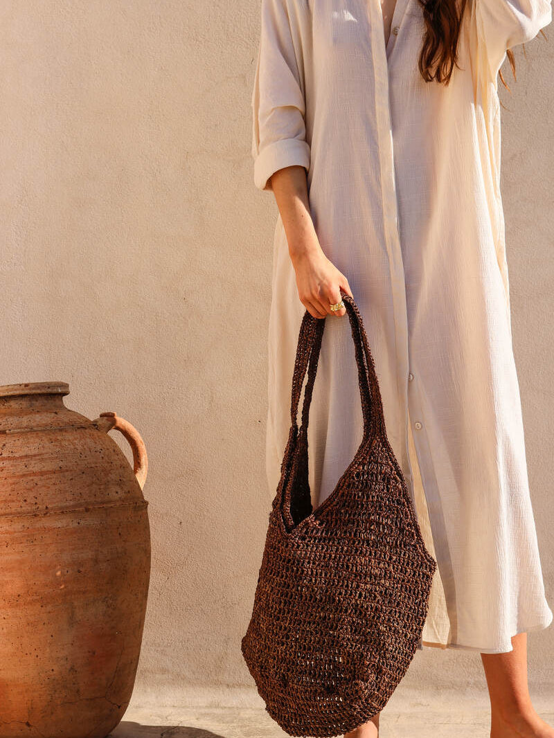 womens woven chocolate beach bag