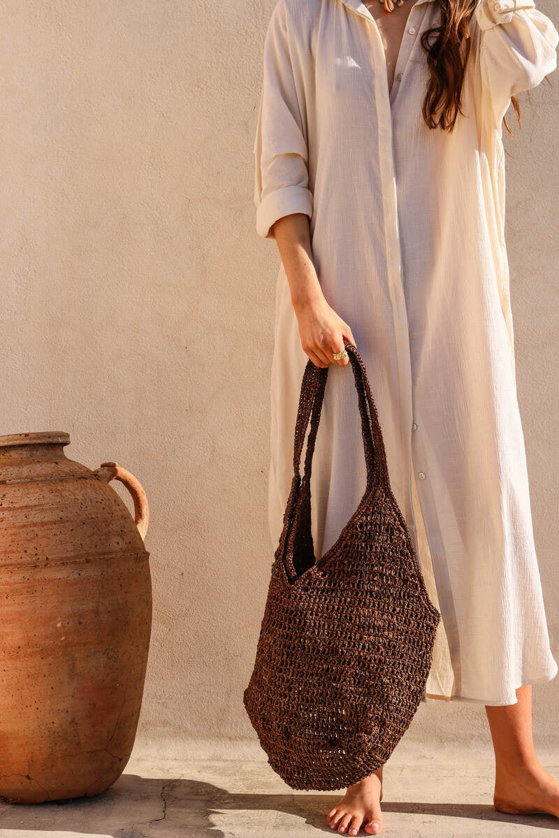 womens woven chocolate beach bag