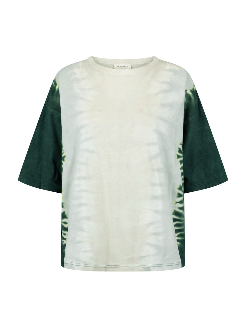 Tie-dye t-shirt with green and white pattern on a white background