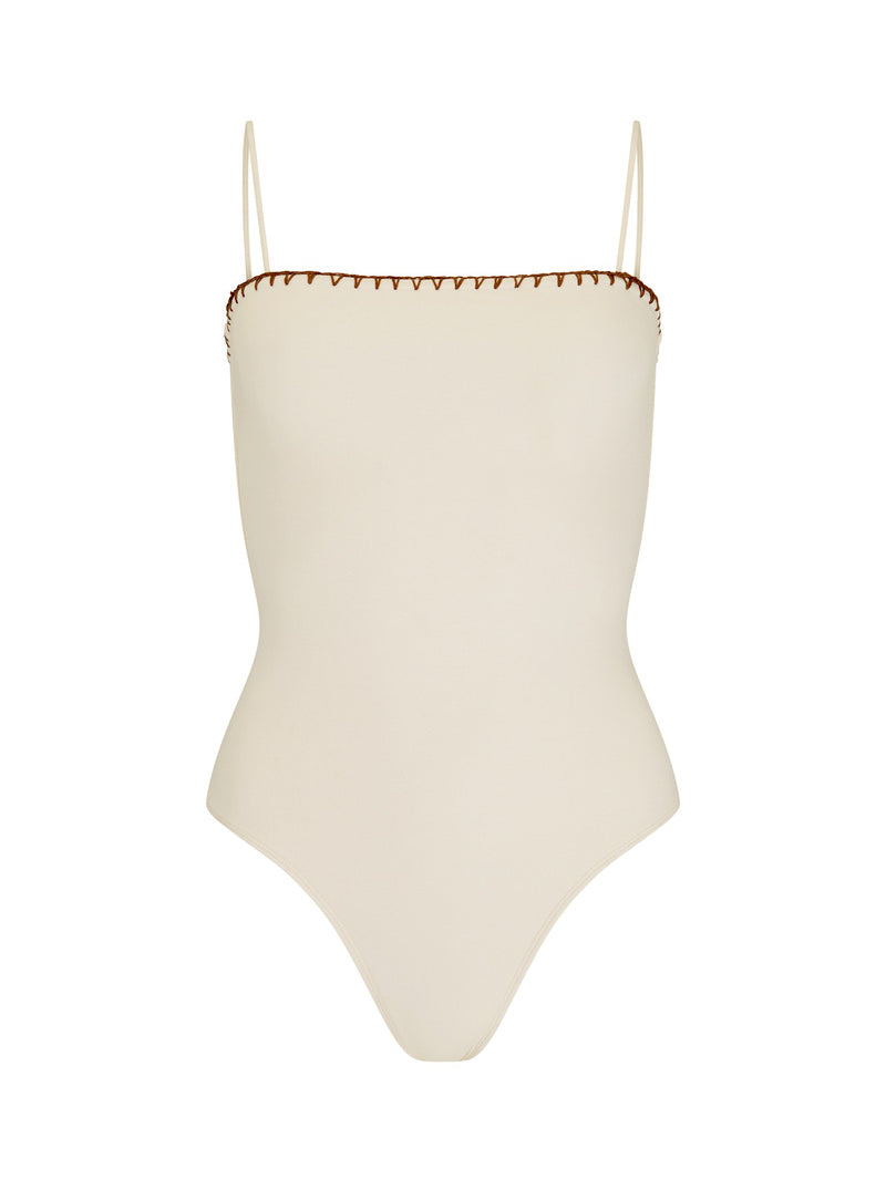 womens cream cotton bodysuit with spaghetti strap front view