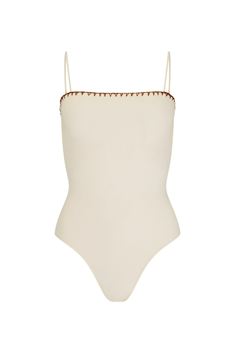 womens cream cotton bodysuit with spaghetti strap front view