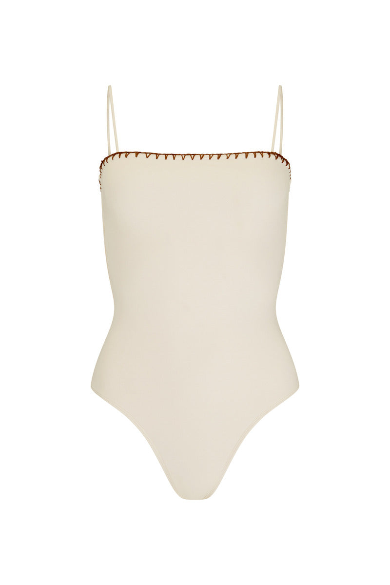 womens cream cotton bodysuit with spaghetti strap front view