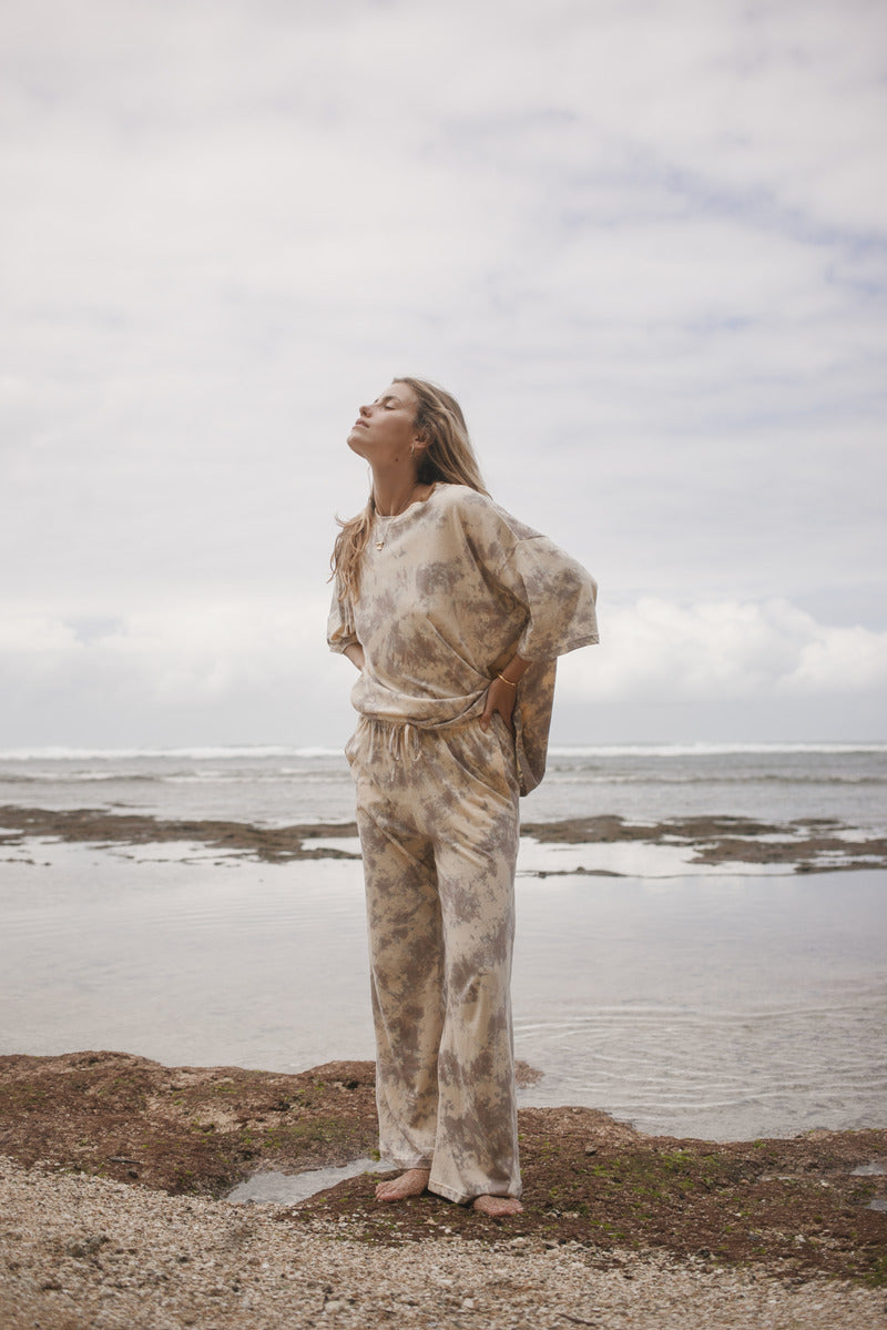 womens cotton hemp tie dye taupe pant, styled with the matching tee, front view