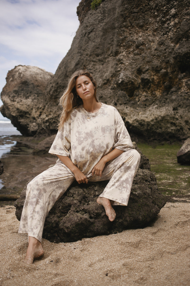 womens cotton hemp tie dye taupe pant, styled with the matching tee, front view