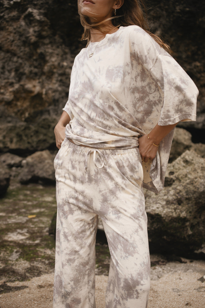 womens cotton hemp tie dye taupe tee styled with matching pant, front view