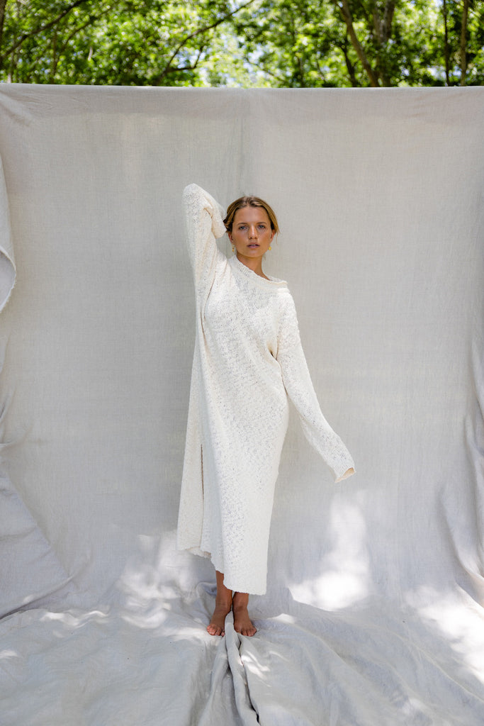 women's white knit dress front view