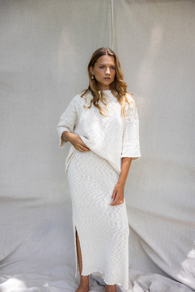 womens white cotton knit maxi skirt front view 