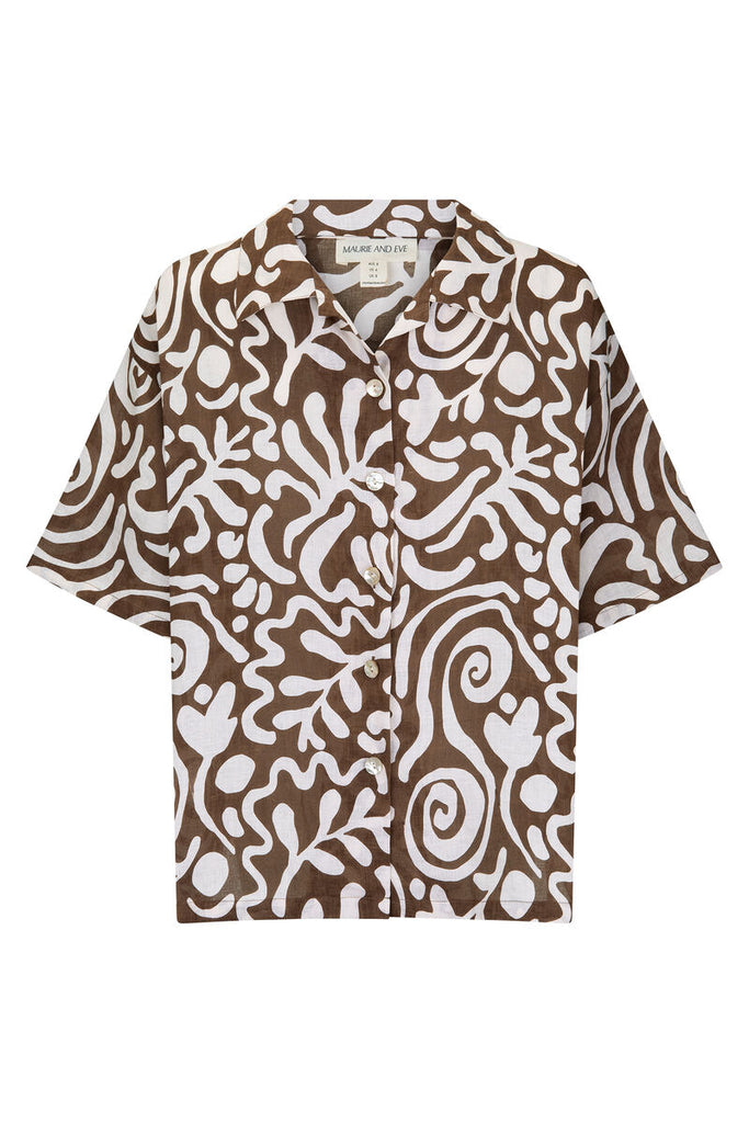 womens brown coral print linen shirt close up view 