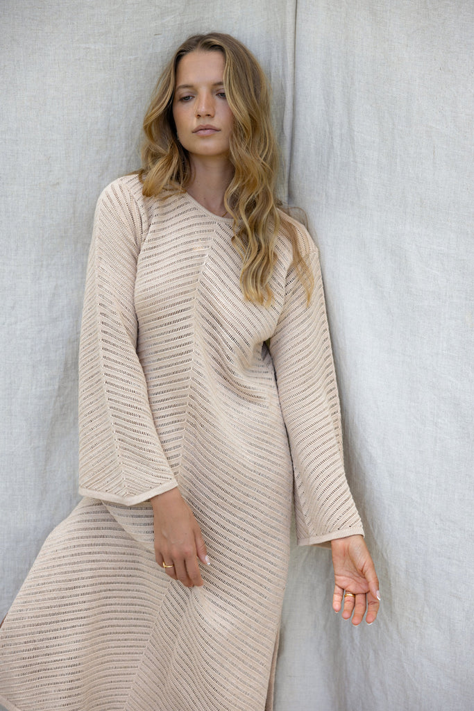 womens cotton beige knit maxi dress front view