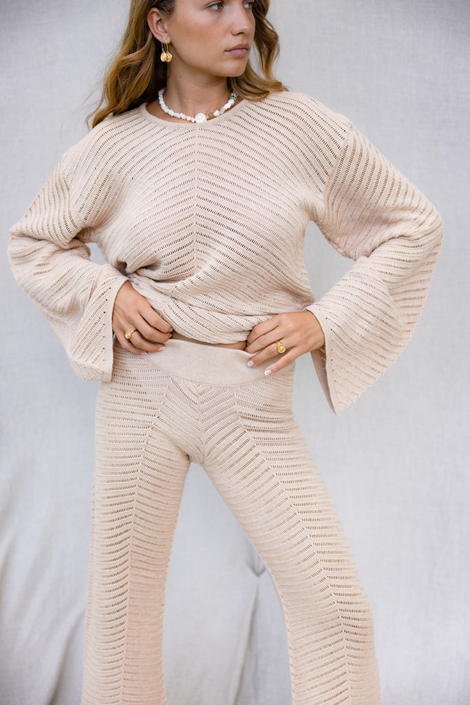 women's cotton beige knit pant front view