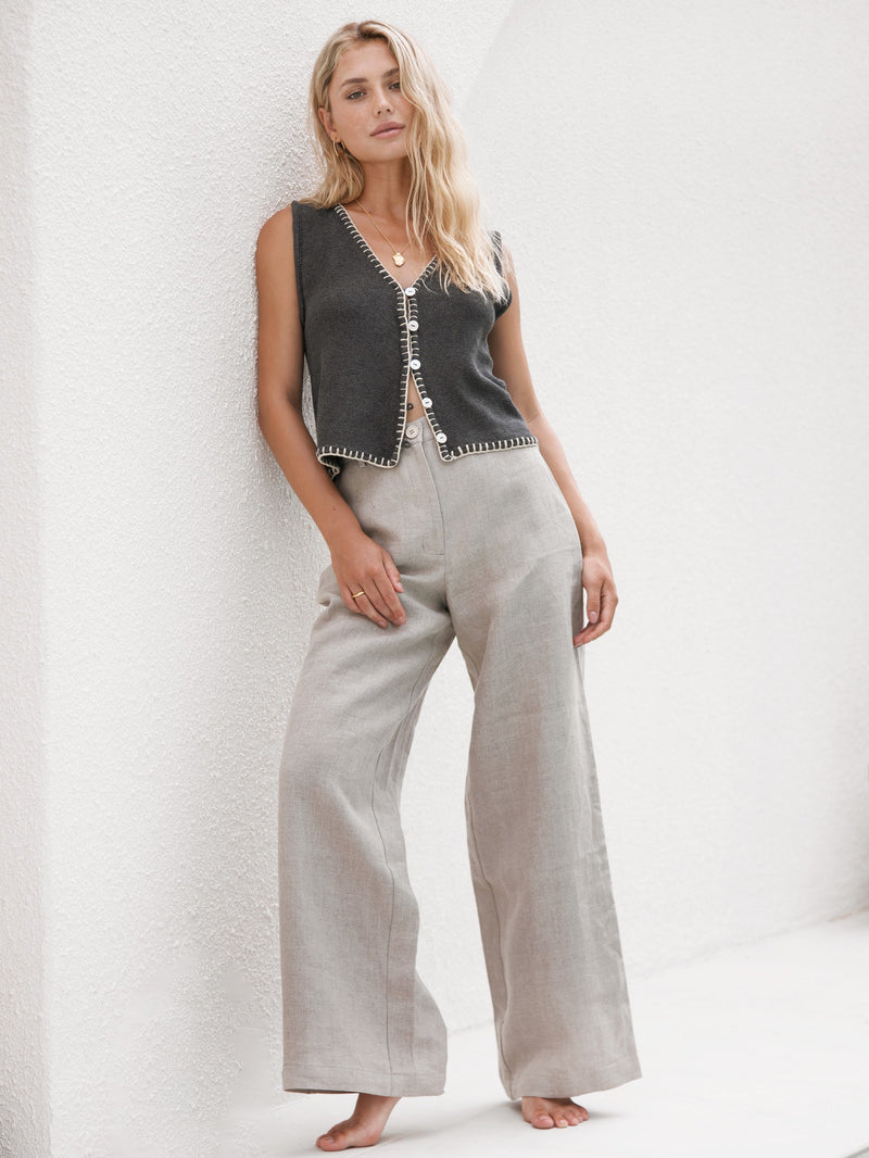 women's natural linen wide leg pant front view