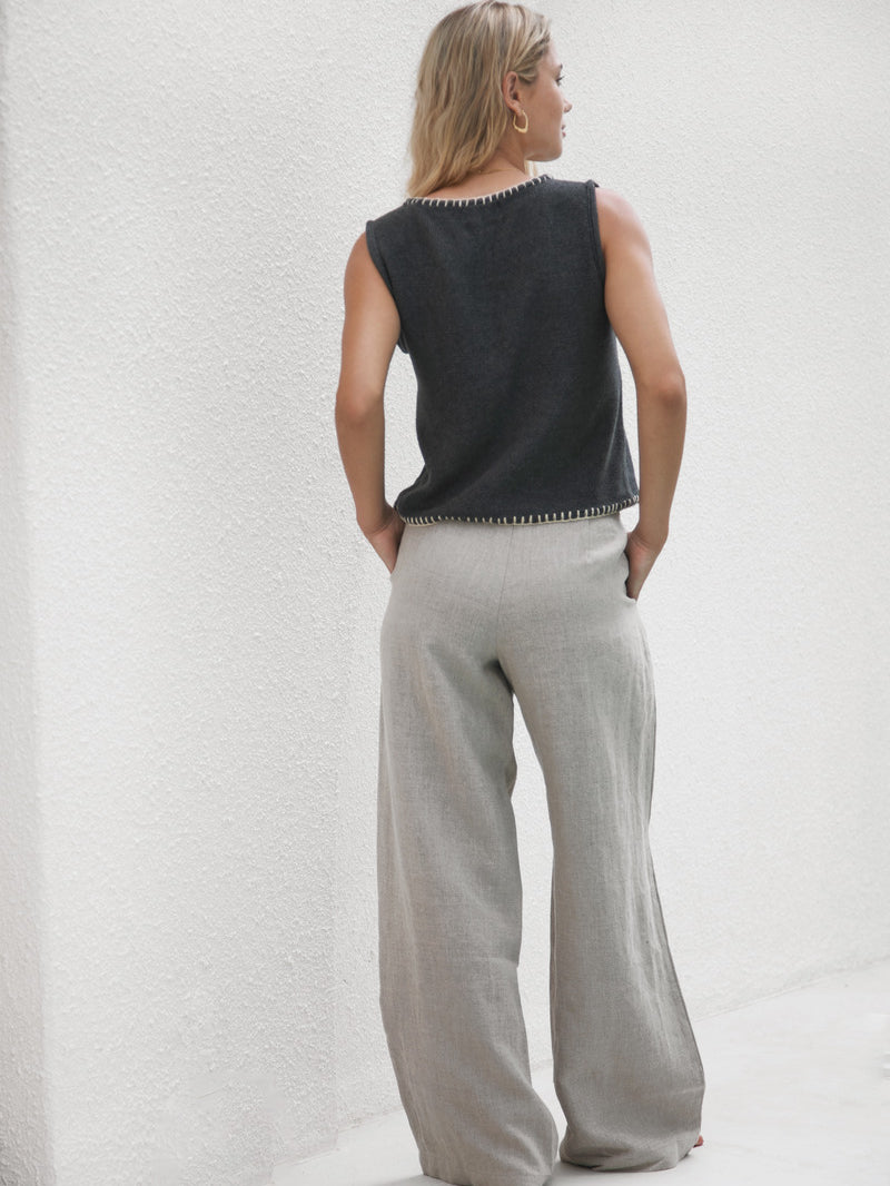 women's natural linen wide leg pant back view