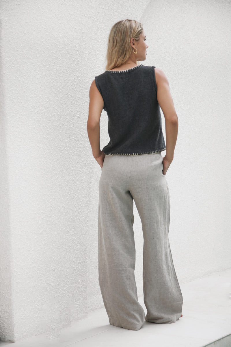 women's natural linen wide leg pant back view