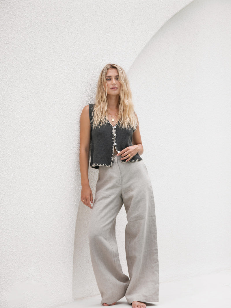 women's natural linen wide leg pant