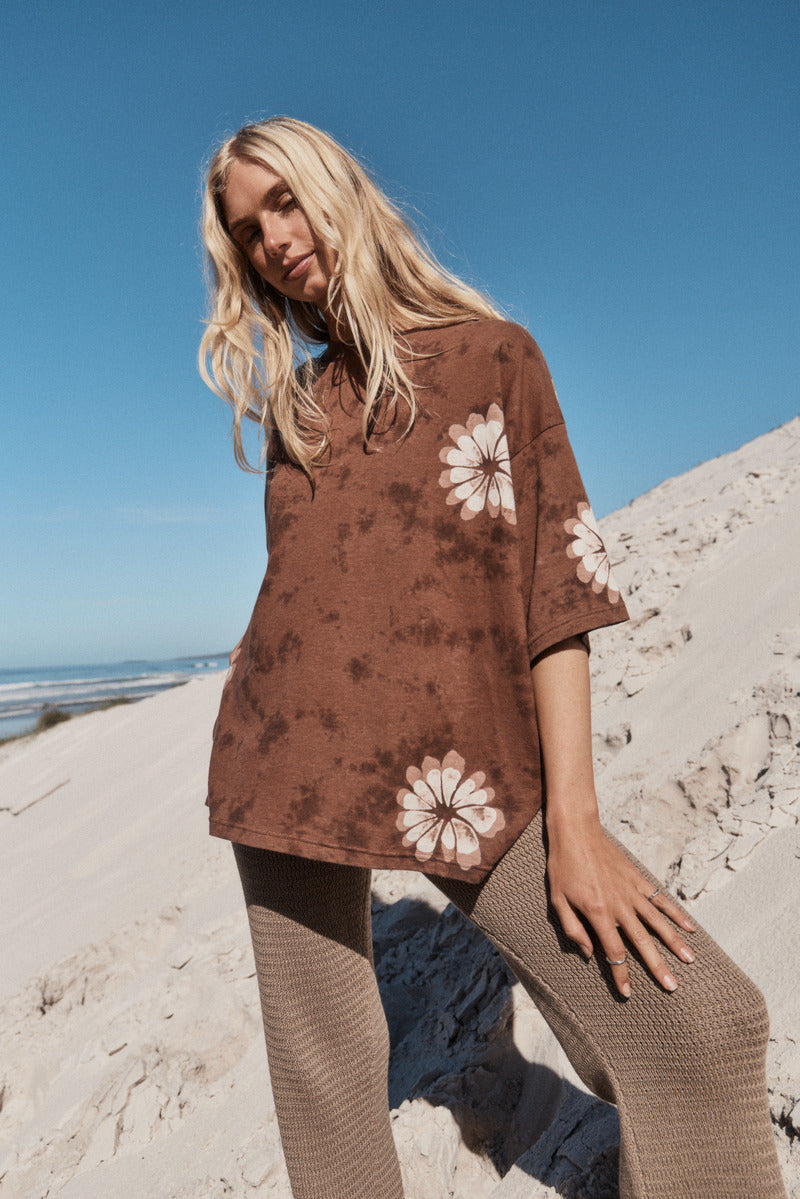 womens cotton hemp tie dye tee chocolate front view